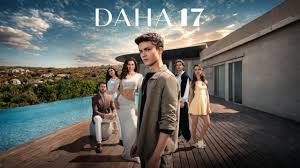 Promotional image for a TV show featuring a young man in the foreground on a poolside deck, with six friends in the background and the show’s title at the top.