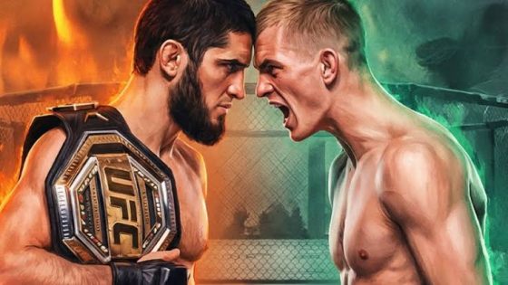 Two male mixed martial artists face off in the octagon, one with a UFC championship belt strapped to his chest.